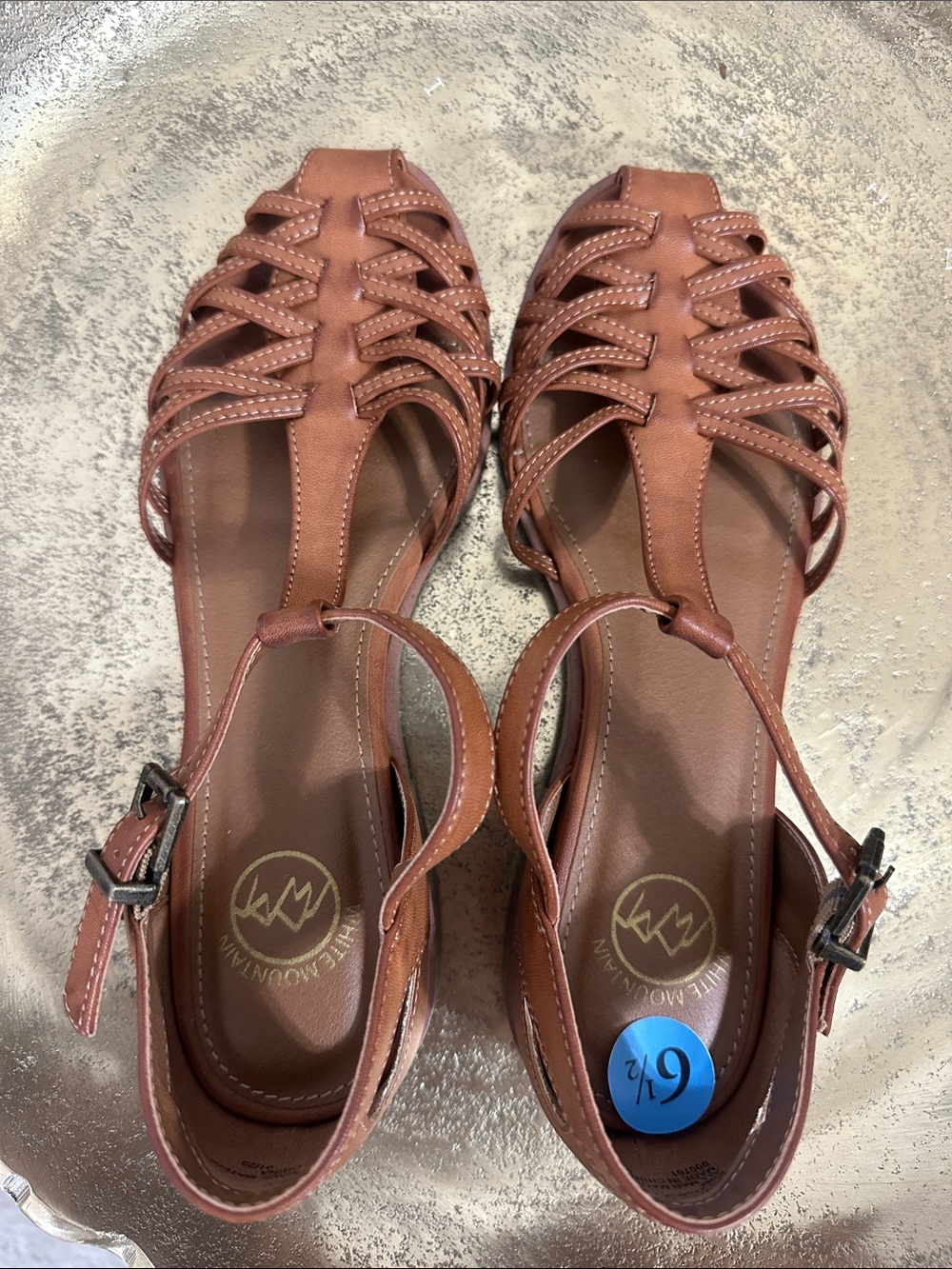 White Mountain Cognac Braided T-Strap Sandals